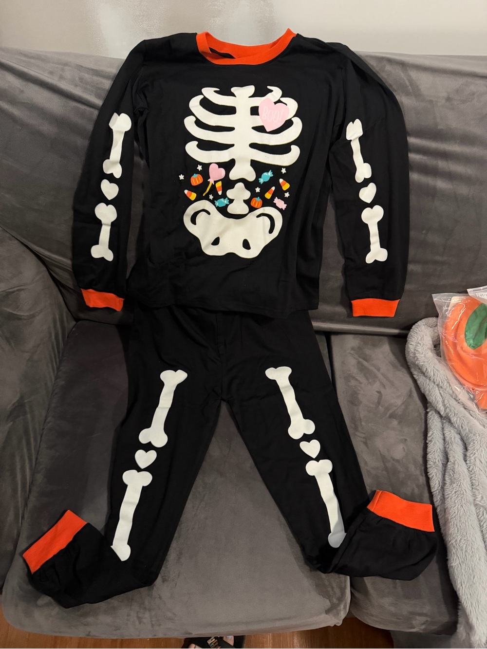 Kids Black Glow in the Dark Skeleton Pajama Costume with Orange Trim